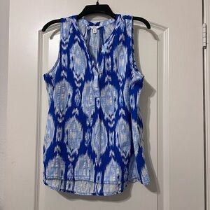 Crown & Ivy Blue and White Sleeveless Blouse with Mandarin Collar
